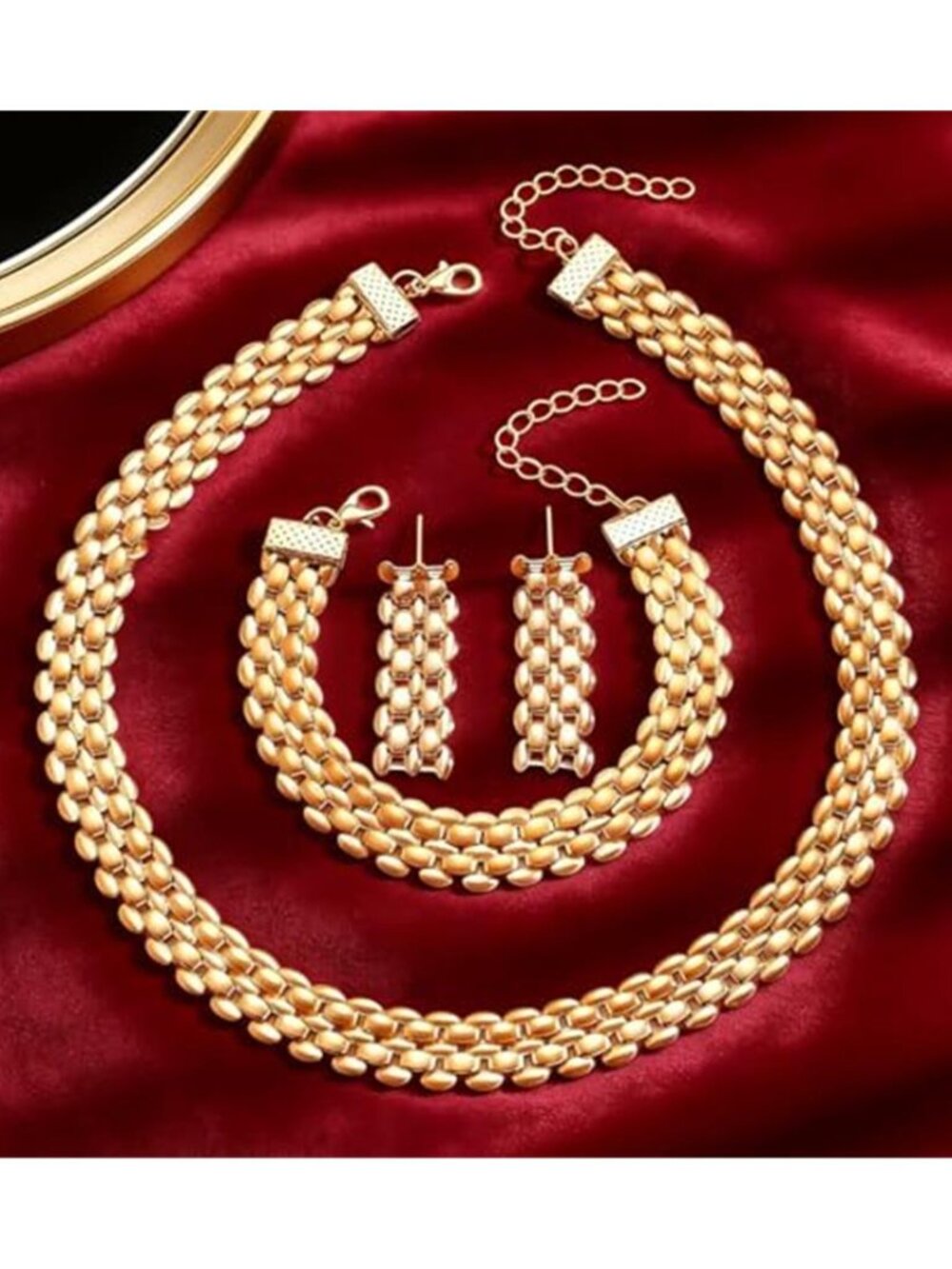 14K Gold Plated Chunky Jewelry Set Necklace Bracelet Earrings 3 Piece Women - Picture 4 of 5